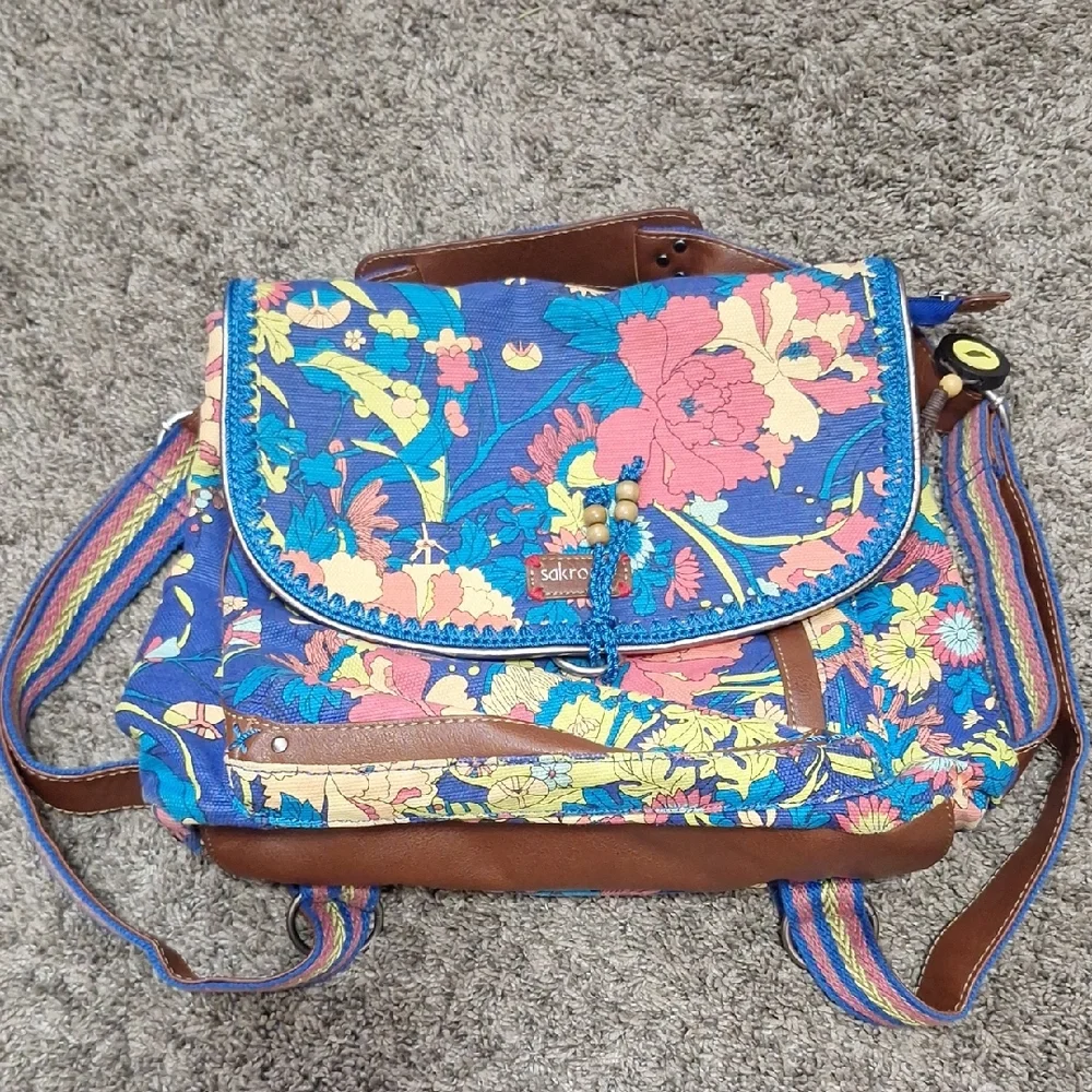 Sakroots Canvas Faux Leather Backpack Messenger Bag - Floral Blue Mulrixolor